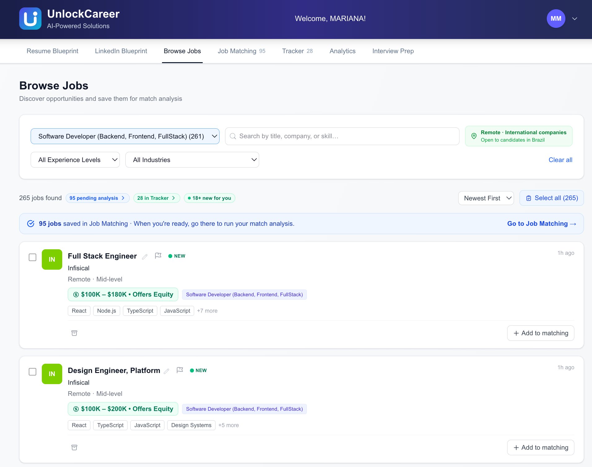 JobMatch Browse Jobs interface