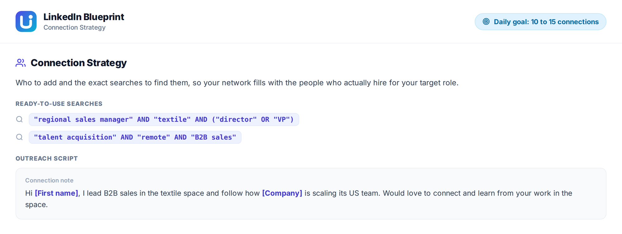 Connection Strategy: buscas prontas pra encontrar quem contrata e meta diária de conexões