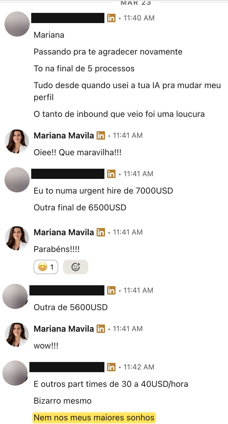 Mensagem: tô na final de 5 processos, 7.000, 6.500 e 5.600 USD, part-times de 30 a 40 USD por hora, nem nos meus maiores sonhos, urgent hire de 7000 USD, outra final de 6500 USD