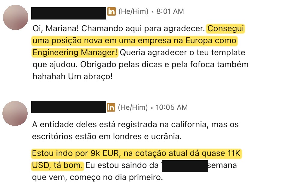 Mensagem real: consegui uma posição nova como Engineering Manager; estou indo por 9k EUR, na cotação atual dá quase 11K USD